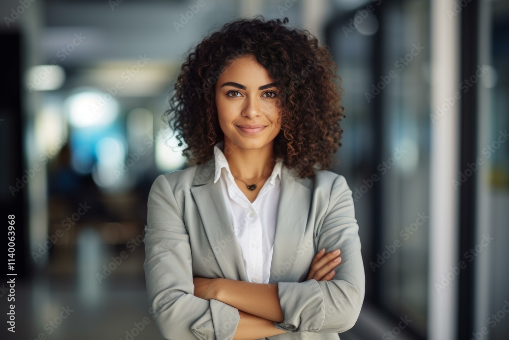 Portrait of a businesswoman smiling with crossed arms, exuding confidence and professionalism in a modern office environment