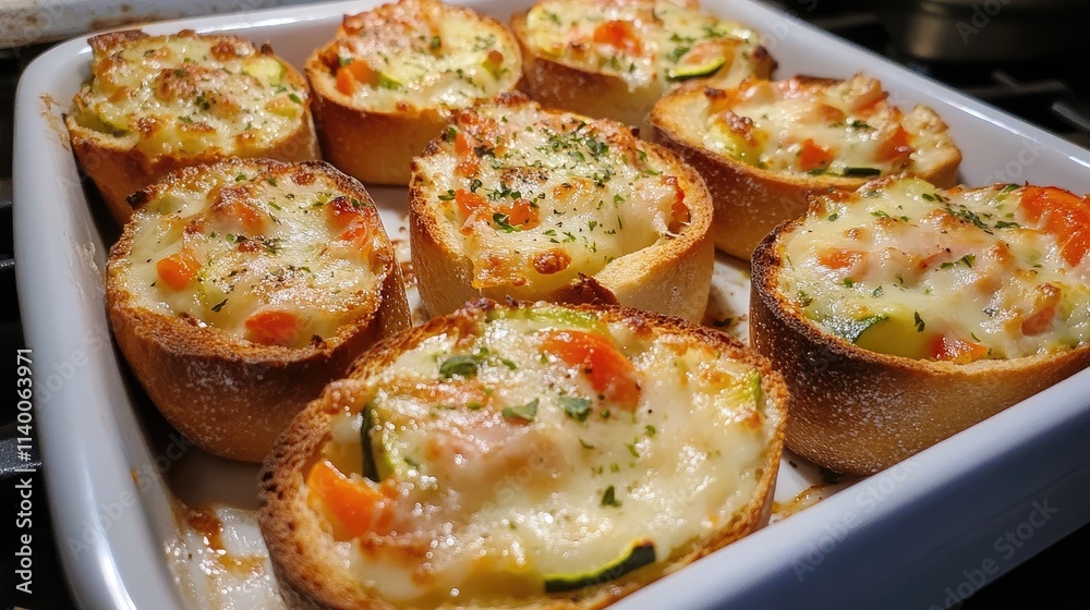 Crostini with smoked salmon courgette and cheese baked appetizers presented on a white platter in a cozy kitchen setting Crostini with smoked salmon courgette and cheese baked appetizers presented on a white platter in a cozy kitchen setting