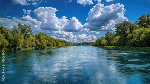 Scenic river with vibrant blue water under a dramatic sky filled with fluffy clouds and lush greenery along the shoreline. photo