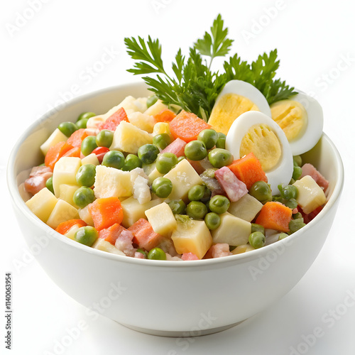 Olivier salad with vegetables sausage and mayonnaise in a white bowl