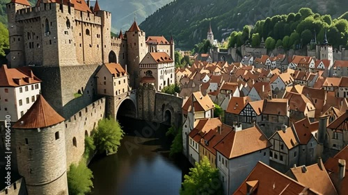 Aerial view of a historic European town with medieval stone castle, red rooftops, and winding streets surrounded by green hills and natural beauty photo