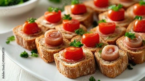 Whole wheat sandwich bites topped with tomatoes and rolled herring garnished with fresh parsley on serving platter