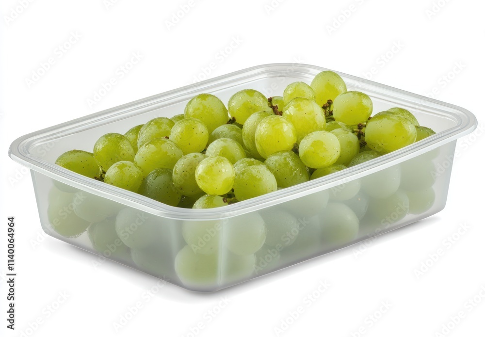 A clear container filled with fresh green grapes, ready for consumption. A clear container filled with fresh green grapes, ready for consumption.