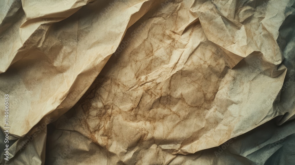 Crinkled and stained kraft paper texture on an uneven surface showcasing vintage and rustic aesthetics for design or background use Crinkled and stained kraft paper texture on an uneven surface showcasing vintage and rustic aesthetics for design or background use