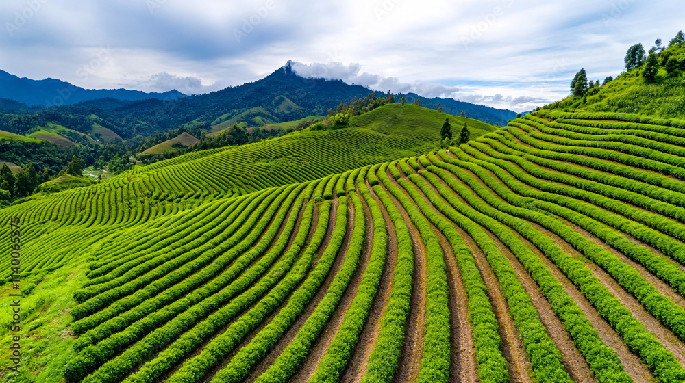 Lush green tea plantation with terraced fields and mountains in background, showcasing beauty of nature and agriculture. vibrant landscape invites exploration and appreciation Lush green tea plantation with terraced fields and mountains in background, showcasing beauty of nature and agriculture. vibrant landscape invites exploration and appreciation