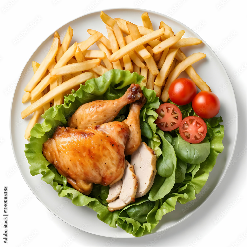 Chicken shish kebab plate being served with french fries and salad Chicken shish kebab plate being served with french fries and salad