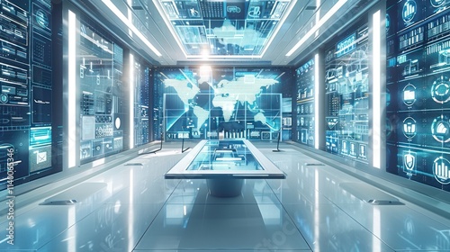 Futuristic Command Center with Global Data Visualization