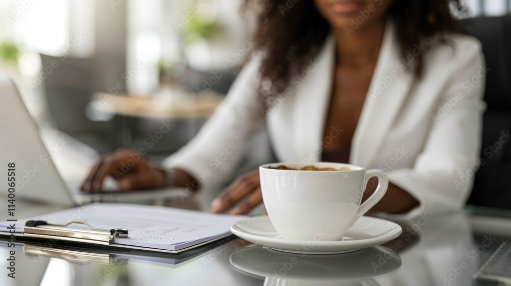 Businesswoman Working at Laptop with Coffee Businesswoman Working at Laptop with Coffee