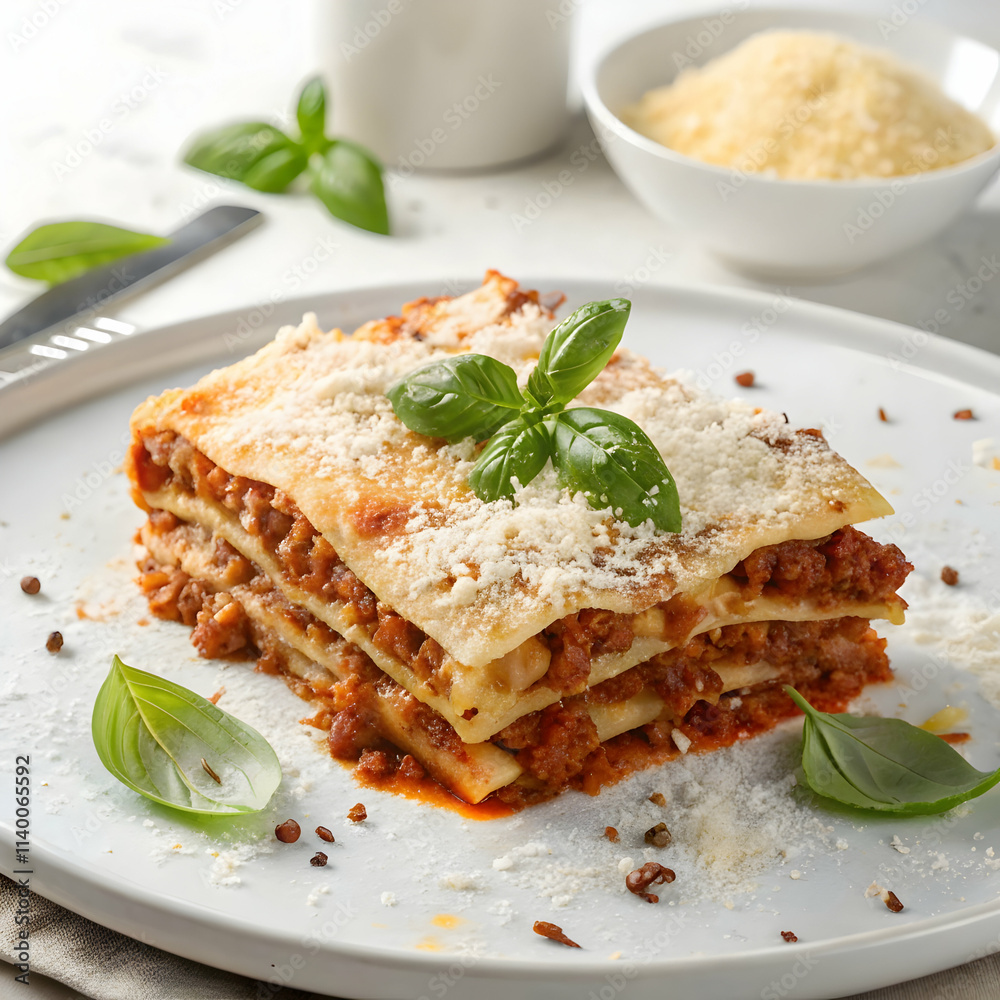 Freshly baked lasagna with savory bolognese sauce Freshly baked lasagna with savory bolognese sauce