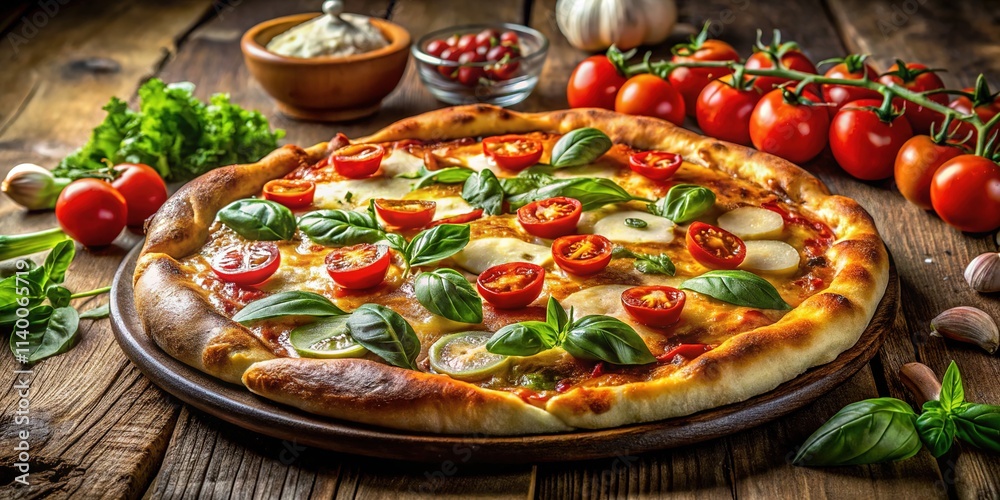 Delicious Italian Long Leavening Pizza, Artisan Style, Golden Crust, Fresh Ingredients Delicious Italian Long Leavening Pizza, Artisan Style, Golden Crust, Fresh Ingredients