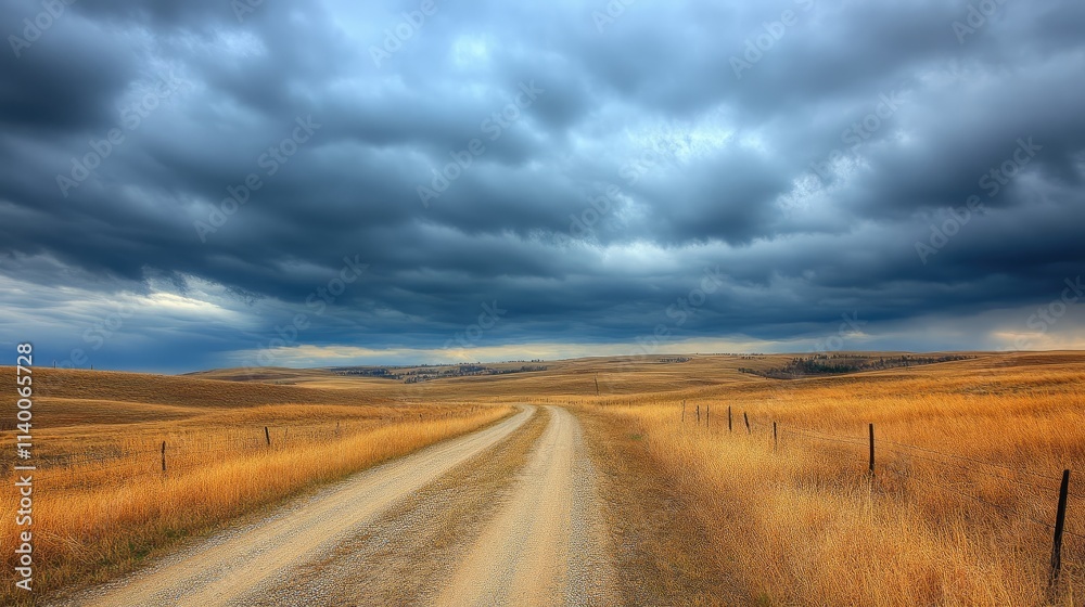 Dramatic cloudy sky over open fields with winding dirt road in rural landscape under moody atmospheric conditions Dramatic cloudy sky over open fields with winding dirt road in rural landscape under moody atmospheric conditions