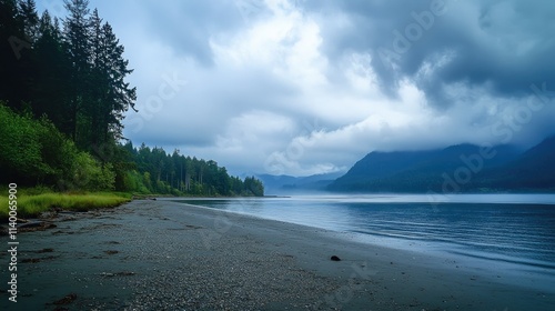 Serene shoreline under a cloudy sky with lush greenery and forested mountains in the background reflecting tranquility and natural beauty.