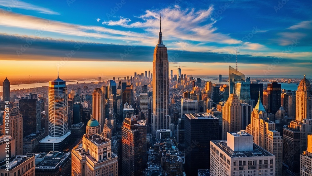 Fototapeta premium bustling city skyline at sunset. The layout is horizontal, capturing a wide view of numerous skyscrapers and buildings. The architecture is diverse, featuring a mix of modern and classic high-rise str