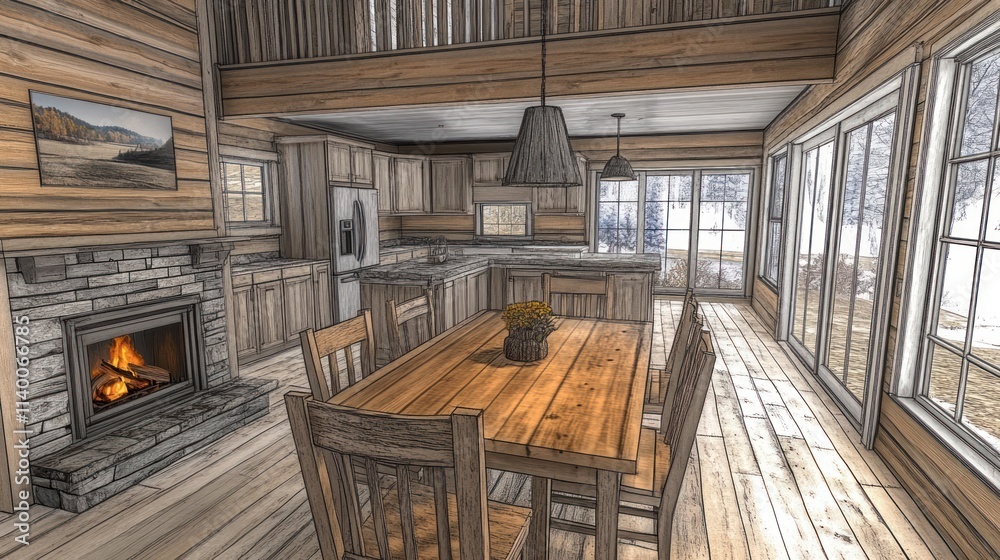 Cozy wooden interior featuring a dining area, kitchen, and fireplace in a winter setting. Cozy wooden interior featuring a dining area, kitchen, and fireplace in a winter setting.