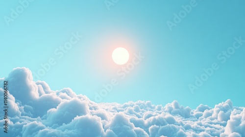 Bright sun partially hidden by fluffy clouds against a serene blue sky creating a tranquil and dreamy atmosphere. photo