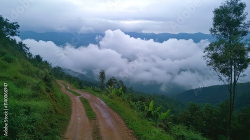 Mountain road surrounded by dense clouds and lush greenery under a grey sky creating a serene and atmospheric landscape scene photo