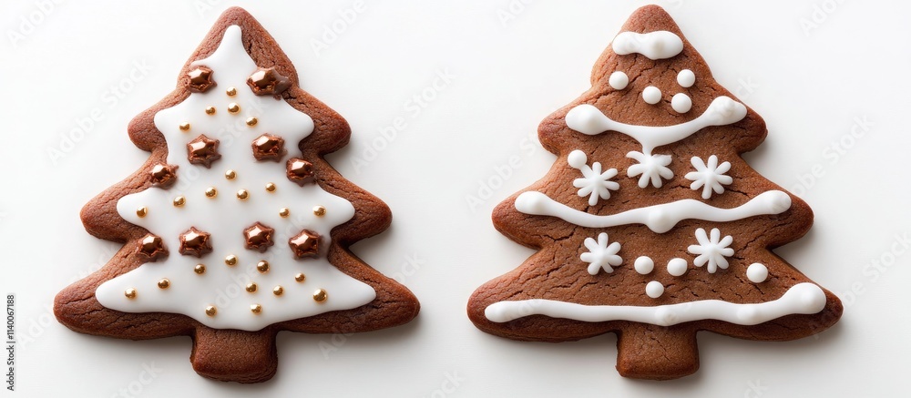 Gingerbread cookies shaped like festive trees in two varieties with icing decorations on a clean white backdrop for holiday designs Gingerbread cookies shaped like festive trees in two varieties with icing decorations on a clean white backdrop for holiday designs