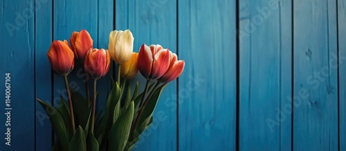 Colorful tulip bouquet displayed on a vibrant blue wooden background with ample copy space for text or branding purposes photo