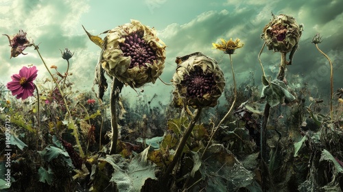 Decay and Desolation in a Field of Withered Flowers Under an Ominous Sky photo