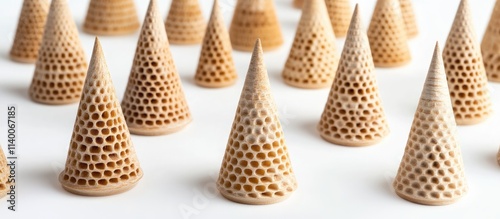 Creative composition of honeycomb-patterned cones on a white background with space for text Nature-inspired design concept Aerial view photo