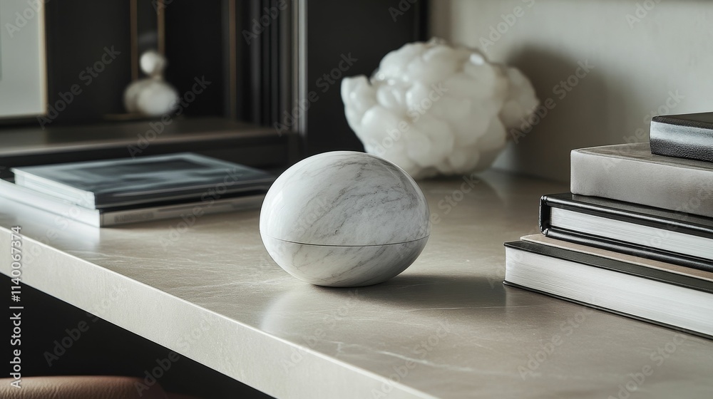 Fototapeta premium Marble sphere, books, surface, minimalist decor.