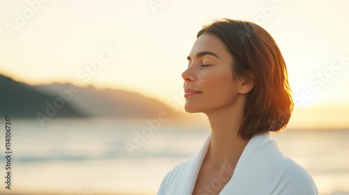 A serene woman stands by the beach at sunset, eyes closed, embodying peace and mindfulness.