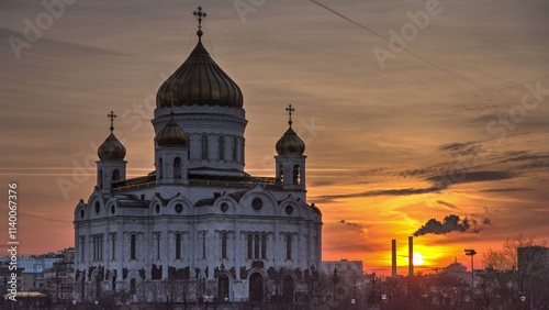 Majestic orthodox Cathedral of Christ Saviour with sunset Timelapse, Russia