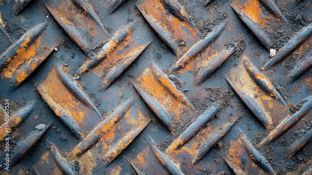 Weathered Steel Plate with Diamond Pattern and Rusty Textures Suitable for Industrial and Grunge Backgrounds