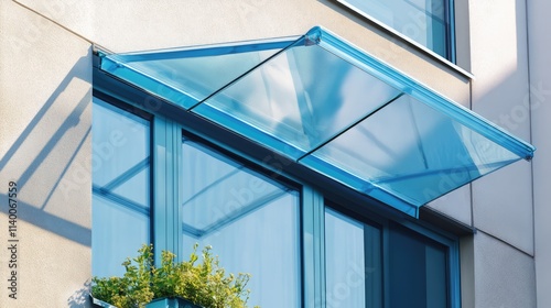 Modern glass canopy over a window with a sleek design and vibrant colors enhancing the architectural appeal of the building exterior.