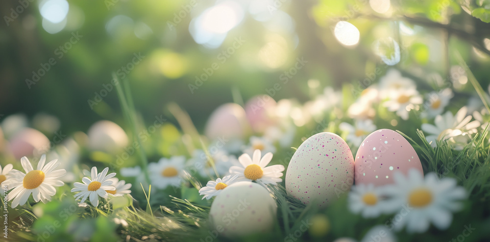 Colorful Easter eggs nestled in green grass with blooming white daisies, bathed in soft sunlight. A beautiful springtime scene symbolizing Easter and nature's renewal Colorful Easter eggs nestled in green grass with blooming white daisies, bathed in soft sunlight. A beautiful springtime scene symbolizing Easter and nature's renewal