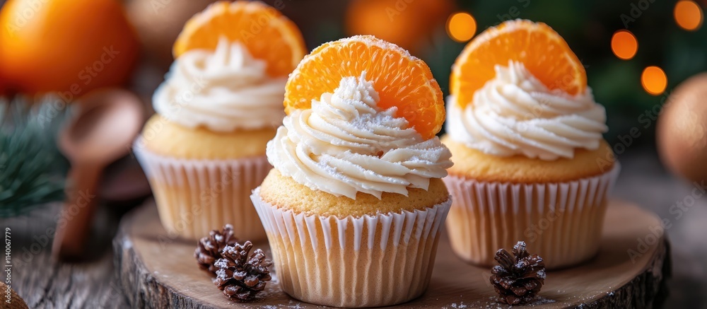 Festive Christmas cupcakes topped with creamy frosting and mandarin slices on a rustic wooden table with holiday decor Festive Christmas cupcakes topped with creamy frosting and mandarin slices on a rustic wooden table with holiday decor