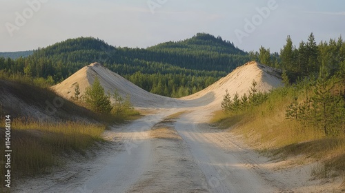 Scenic dirt road winding through sand hills with sparse spruces and lush forested backdrop under clear blue sky