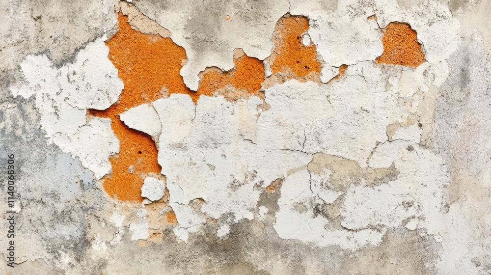 Obraz premium textured cracked white concrete wall with orange patches peeling paint and weathered surface suitable for backgrounds or artistic designs