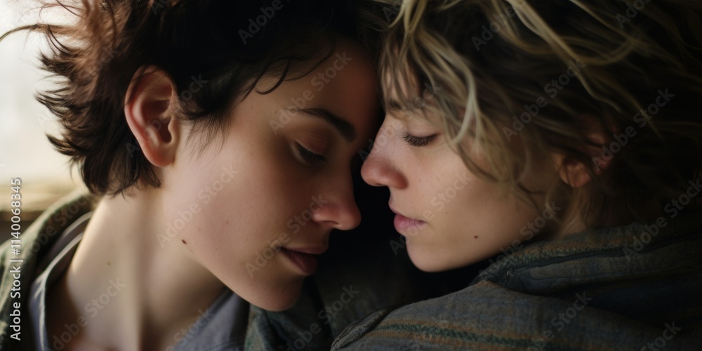 Young lesbian couple touches foreheads to each other closeup. Generative AI. Young lesbian couple touches foreheads to each other closeup. Generative AI.