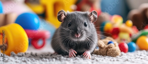 Adorable gray rat sitting on a fuzzy rug surrounded by colorful toys in a playful indoor setting.