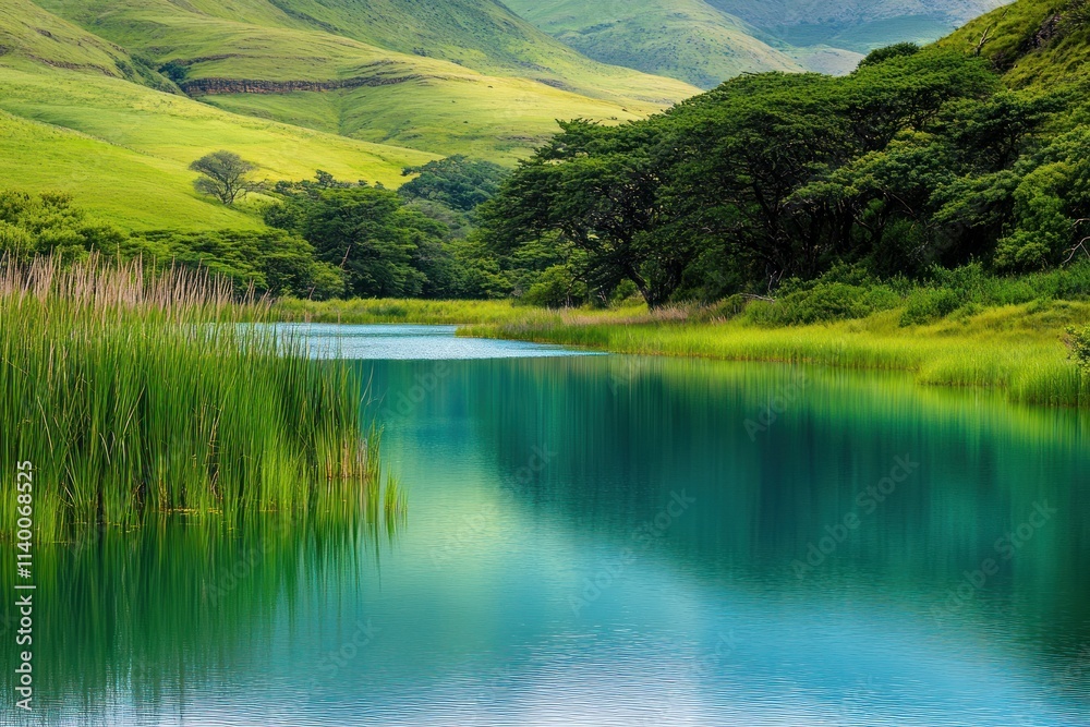 Serene landscape featuring a tranquil lake surrounded by lush greenery and rolling hills. Serene landscape featuring a tranquil lake surrounded by lush greenery and rolling hills.