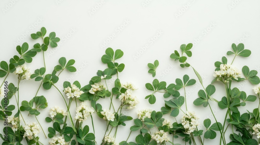 Clover trefoil flowers and leaves arranged in a decorative layout on a soft background showcasing their medicinal properties and natural beauty Clover trefoil flowers and leaves arranged in a decorative layout on a soft background showcasing their medicinal properties and natural beauty