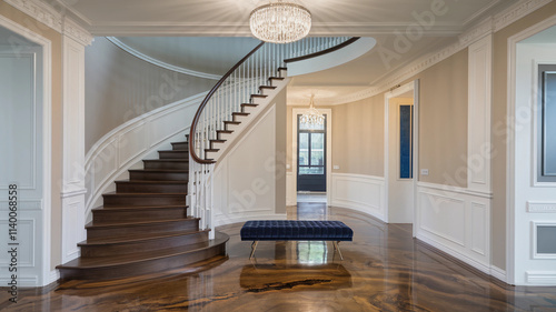 Elegant curved wooden staircase and polished floors in luxury interior