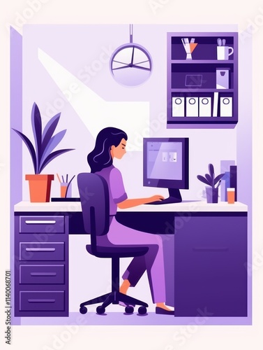 office illustration Woman Working at a Desk in a Modern Office