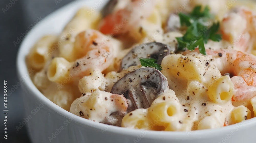 Creamy Shrimp and Mushroom Pasta with Herbs in White Bowl on Dark Background
