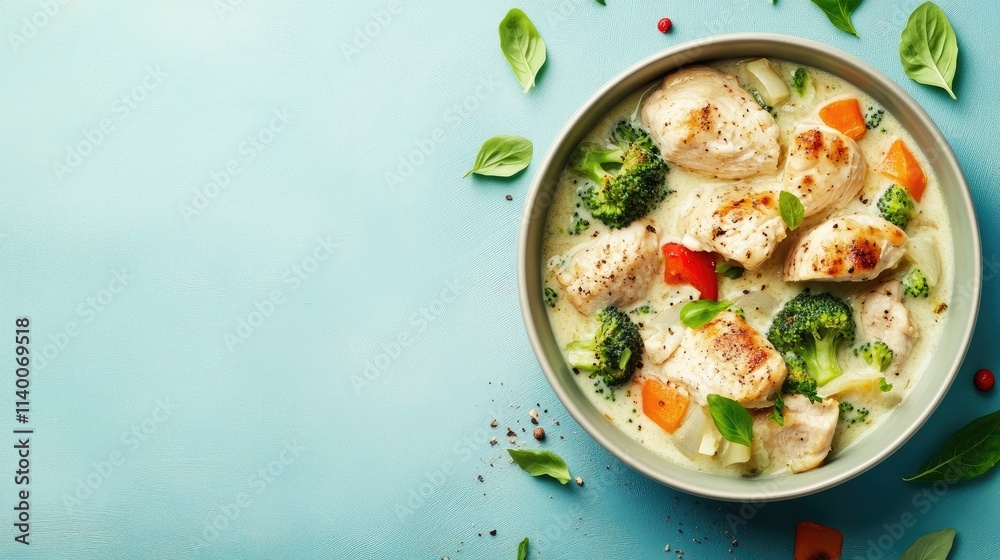 Creamy chicken and broccoli bake with vibrant vegetables on a blue background in a stylish bowl garnished with fresh herbs Creamy chicken and broccoli bake with vibrant vegetables on a blue background in a stylish bowl garnished with fresh herbs