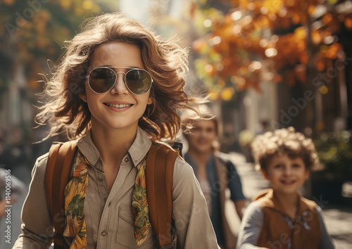 A young stylish teacher rides a bicycle with his students in a great mood.	
