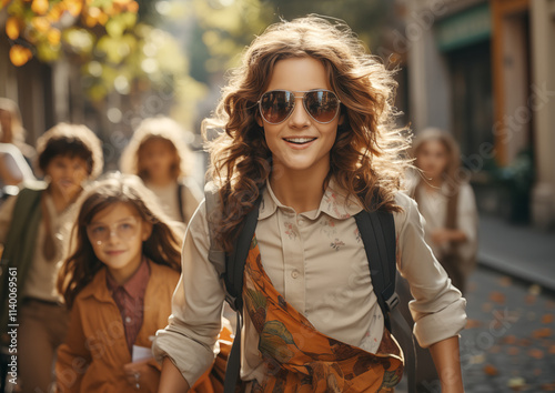 A young stylish teacher rides a bicycle with his students in a great mood.	
