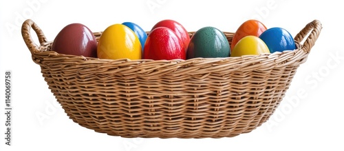 Wicker basket filled with vibrant decorative eggs on a clean white background ideal for Easter themed designs and seasonal decor concepts photo