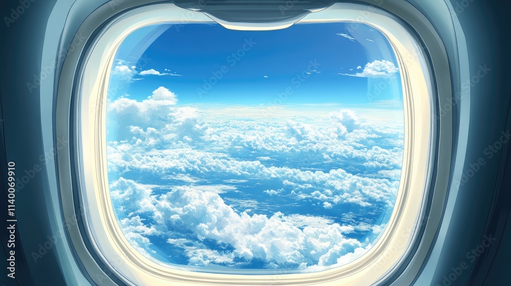 Aerial view of fluffy clouds from airplane window with blue sky creating a serene and tranquil atmosphere of flying above the clouds Aerial view of fluffy clouds from airplane window with blue sky creating a serene and tranquil atmosphere of flying above the clouds
