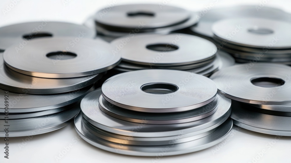 Stacked metal disks on a white background showcasing intricate design and industrial texture for technology and manufacturing themes. Stacked metal disks on a white background showcasing intricate design and industrial texture for technology and manufacturing themes.