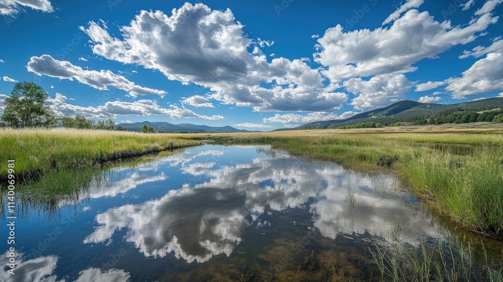 Serene landscape with vibrant clouds reflecting on a tranquil lake surrounded by lush green grass and distant mountains under a blue sky Serene landscape with vibrant clouds reflecting on a tranquil lake surrounded by lush green grass and distant mountains under a blue sky