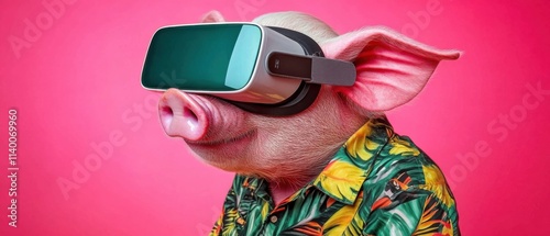 Stylish Pig Wearing VR Headset and Hawaiian Shirt on Pink Background photo