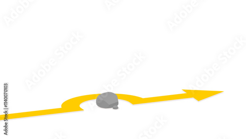 A yellow arrow curving around a grey stone on a white background, representing overcoming obstacles and adapting to setbacks