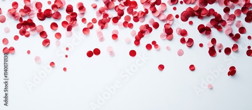 Red and pink confetti scattered on a clean white background for festive and celebration concepts